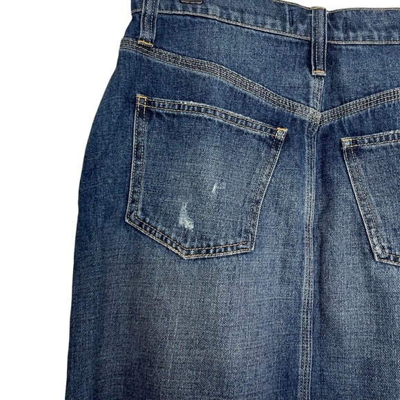 Madewell Rigid Denim Straight Mini Skirt Raw Hem Blue Distressed Stretch Size 26 - Picture 7 of 9